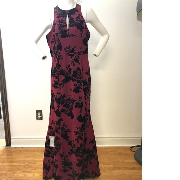 NWT Le Chateau PLUS SIZE Flocked Wine Burgundy Red Maxi Gala Dress Gown Wedding - Picture 4 of 8